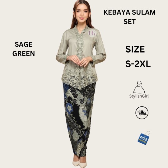 KEBAYA SULAM KLASIK SKIRT PLEATED-SAGE GREEN