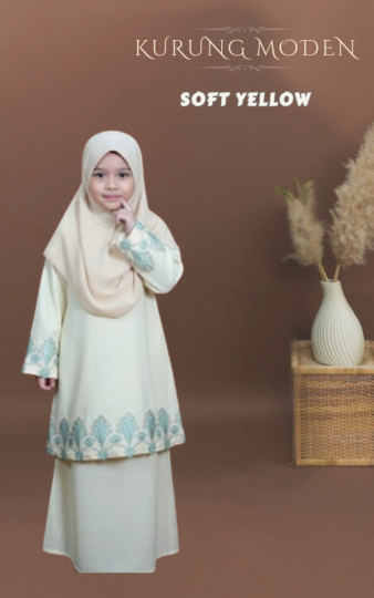 KIDS ( SOFT YELLOW ) KURUNG RAYA MODEN SEDONDON IBU ANAK MATERIAL SEJUK TAK MUDAH KEDUT