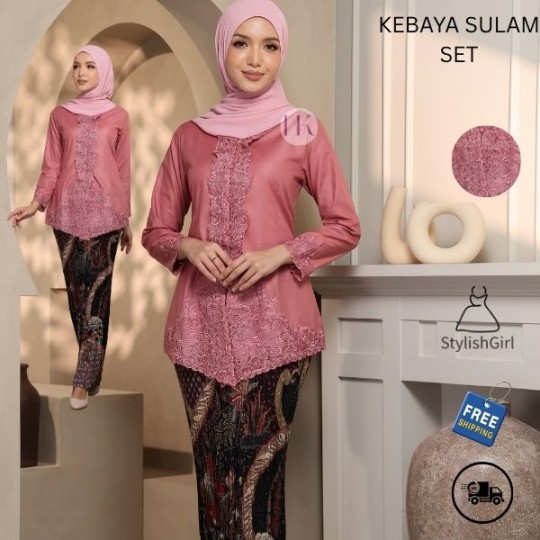 KEBAYA SULAM KLASIK SKIRT PLEATED-DUSTY PINK