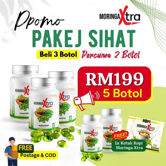 MORINGA XTRA SOFTGEL - BELI 3 BOTOL + PERCUMA 2 BOTOL & 1 KOTAK KOPI MORINGA XTRA