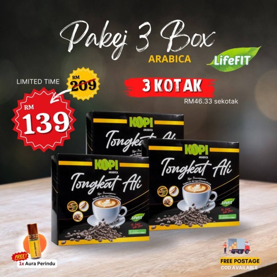 3 KOTAK - KOPI TONGKAT ALI + FREE 1 BOTOL AURA PERINDU