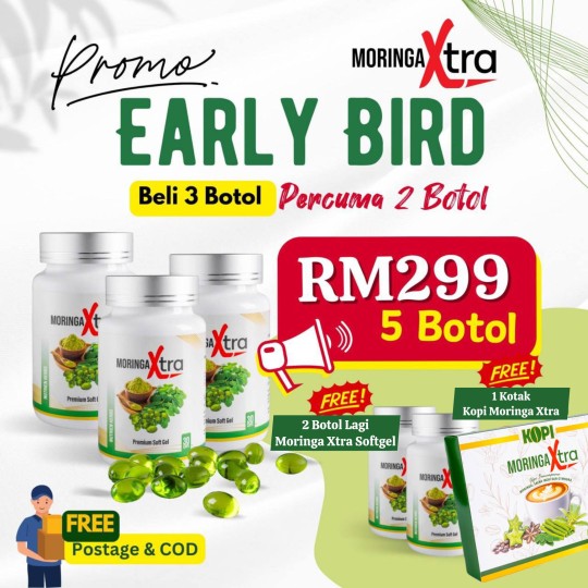 MORINGA XTRA SOFTGEL - BELI 3 BOTOL + PERCUMA 2 BOTOL & 1 KOTAK KOPI MORINGA XTRA