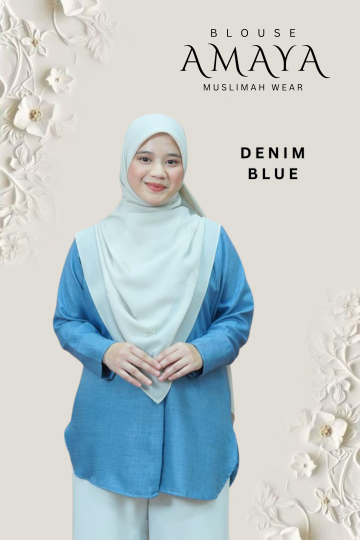 ( DENIM BLUE ) BLOUSE AMAYA MINIMAL IRONLESS MATERIAL COTTON LOLIS SEJUK TAK MUDAH KEDUT
