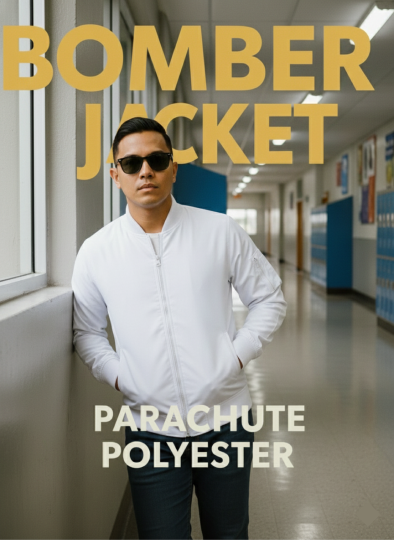 BOMBER JACKET PARACHUTE POLYESTER WHITE, PEARL WHITE, PURE WHITE, CLEAR WHITE, BRIGHT WHITE, SNOW WHITE, SILK WHITE, CLOUD WHITE, SOFT WHOTE, ARCTIC WHITE, CLASSIC WHITE.