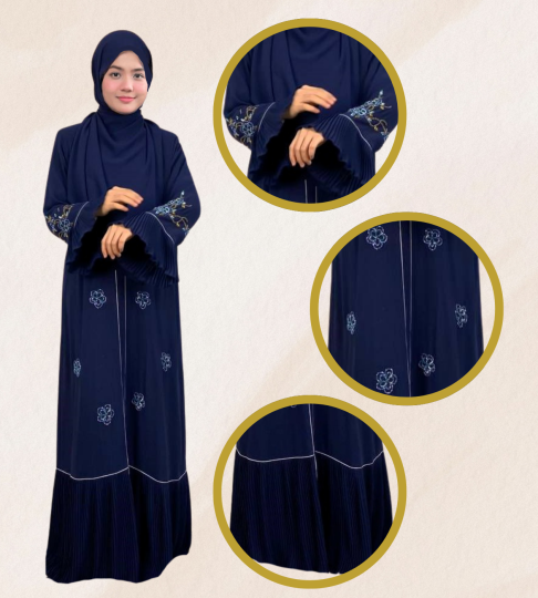 Abaya Exclusive Dahlia – Dark Blue with Handcrafted Flower Beads