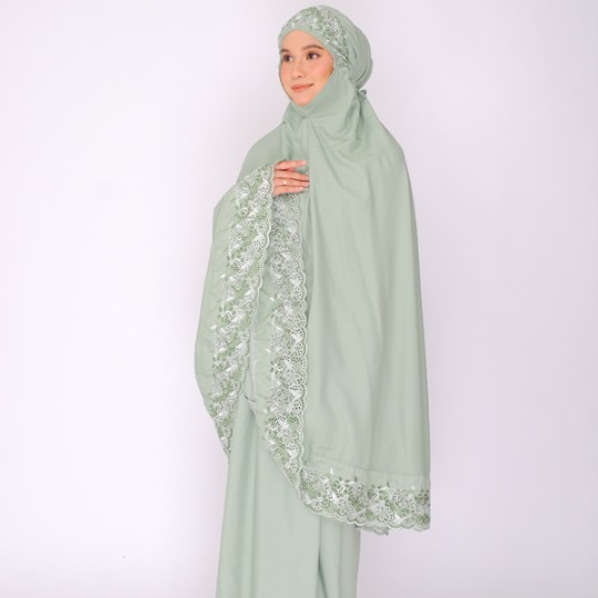 Telekung Maya - Green In White