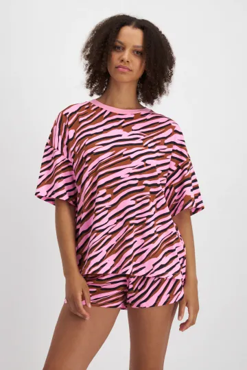 Women PJ Set Pink Brown Stripes