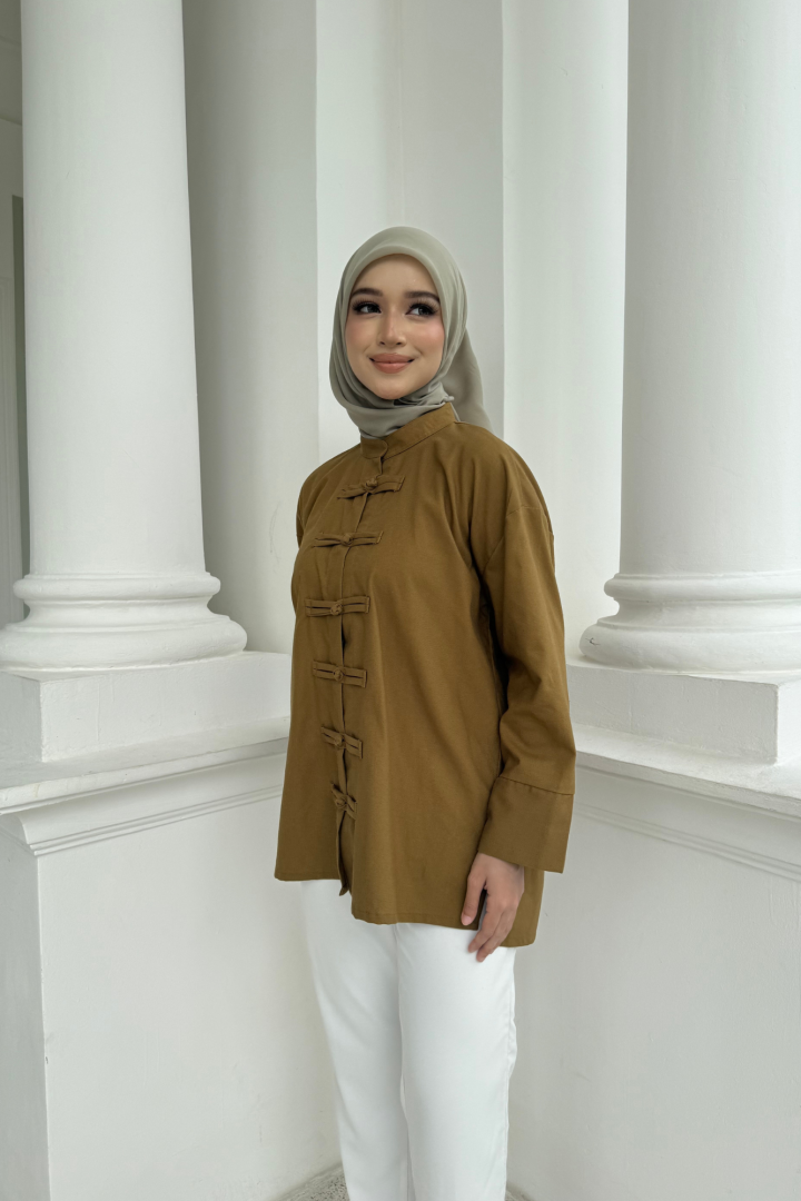 Yin Mandarin Linen Top Olive - Image 2