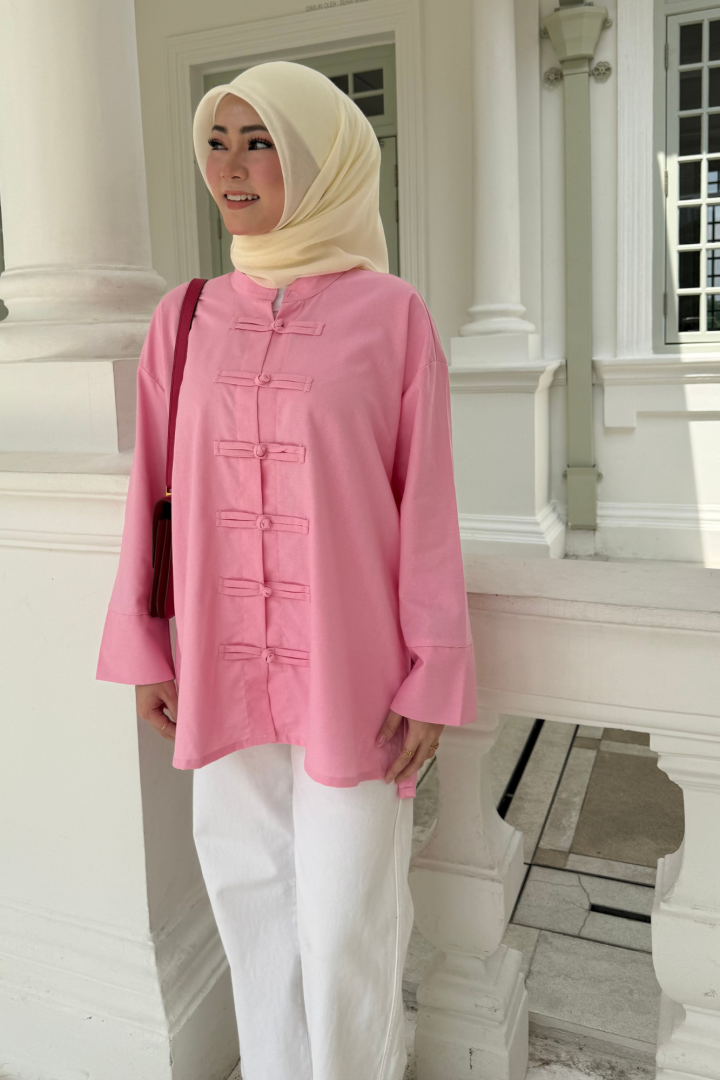 Yin Mandarin Linen Top Bubblegum - Image 2