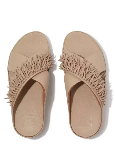 FitFlopRUMBA Beaded Leather Cross Slides - Latte Beige