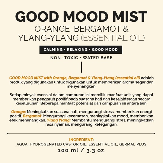 GOOD MOOD MIST with ORANGE, BERGAMOT & YLANG-YLANG (essential oil) - Water Base/Non Toxic