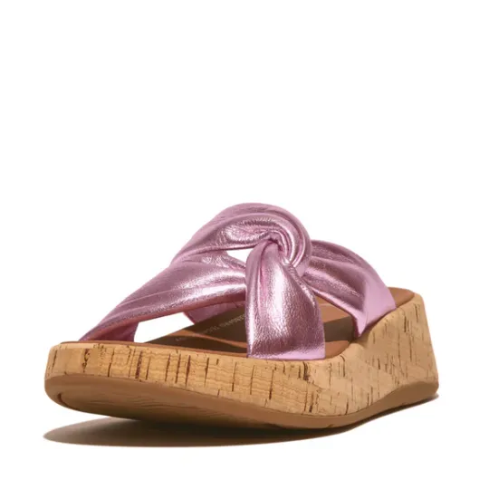 Fitflop F-MODE Metallic Leather-Twist Flatform Slides (Cork Wrap) -Size UK6 Only