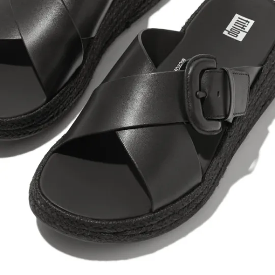 F-MODE Espadrille Buckle Leather Flatform Slides - Size UK7 Only