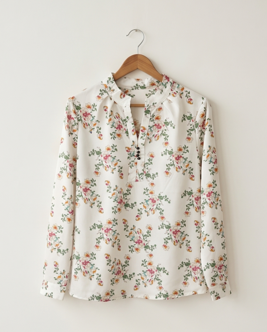 White and red floral long sleeved blouse (S)