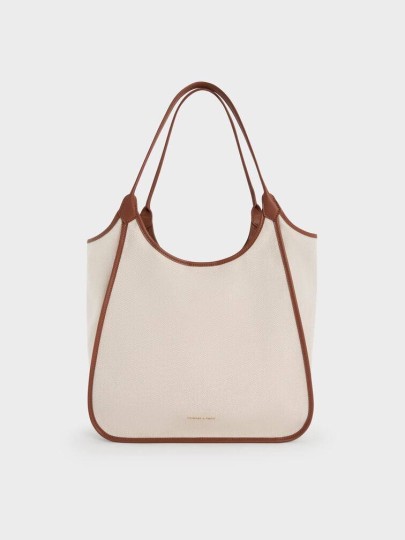 READY STOCK: Sianna Canvas Contrast-Trim Tote Bag- Taupe Canvas