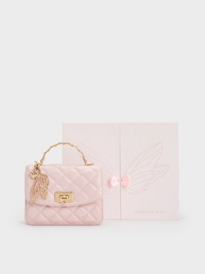 READY STOCK: Cressida Quilted Top Handle Bag With Bag Charms - Cotton Candy Pink