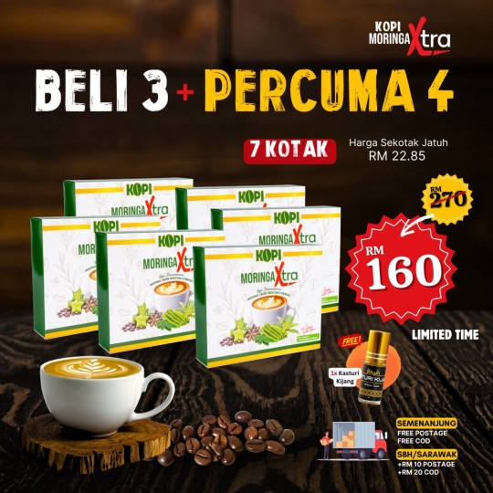 KOPI MORINGA XTRA - 3 KOTAK + PERCUMA 4 KOTAK + 1 KASTURI KIJANG (7 KOTAK)