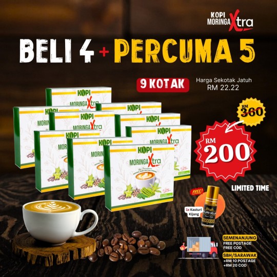 KOPI MORINGA XTRA - 4 KOTAK + PERCUMA 5 KOTAK + 1 KASTURI KIJANG (9 KOTAK)