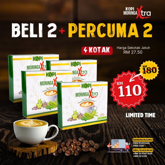 KOPI MORINGA XTRA - 2 KOTAK + PERCUMA 2 KOTAK + 1 KASTURI KIJANG (4 KOTAK)
