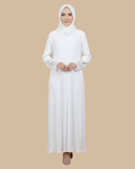 Abaya UAE Small Flower Laces Pleated - White