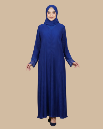 Abaya UAE Small Flower Laces Pleated - Royal Blue