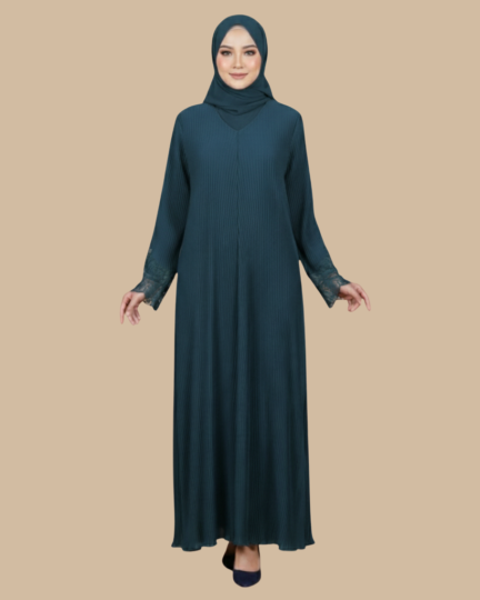 Abaya UAE Small Flower Laces Pleated  - Teal Blue