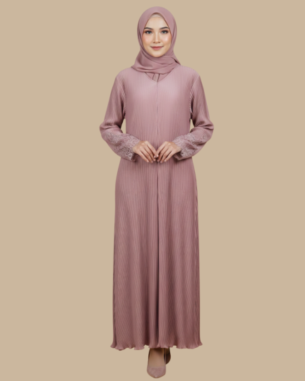 Abaya UAE Small Flower Laces Pleated  - Dusty Pink